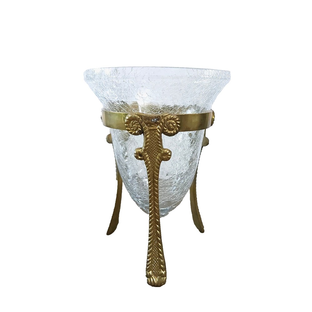 Vintage Crackled Glass Bowl with Decorative Brass Stand